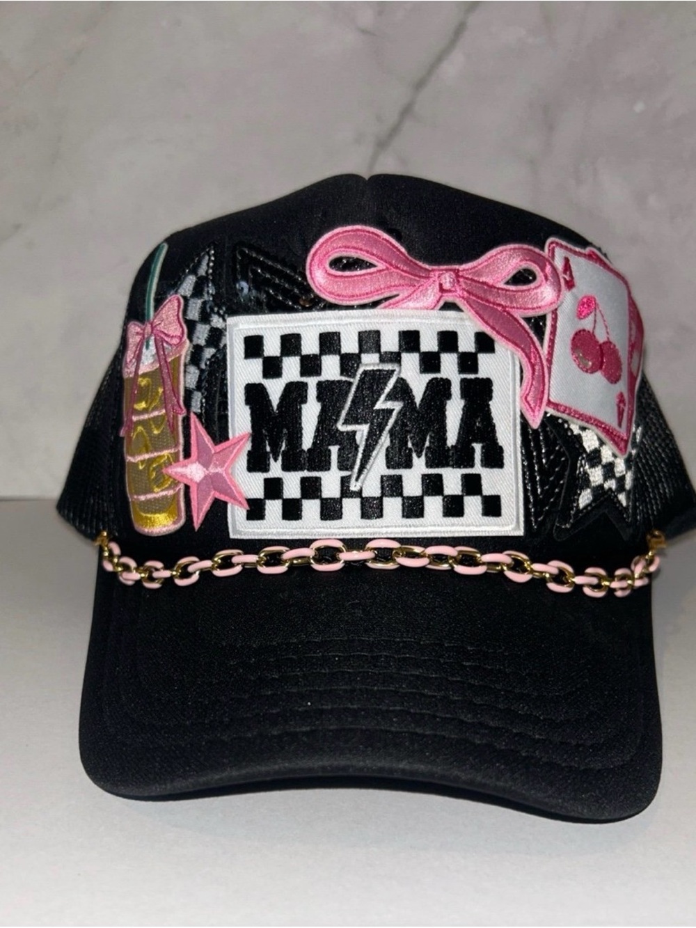 Black Embellished Trucker Hat with Pink Accents